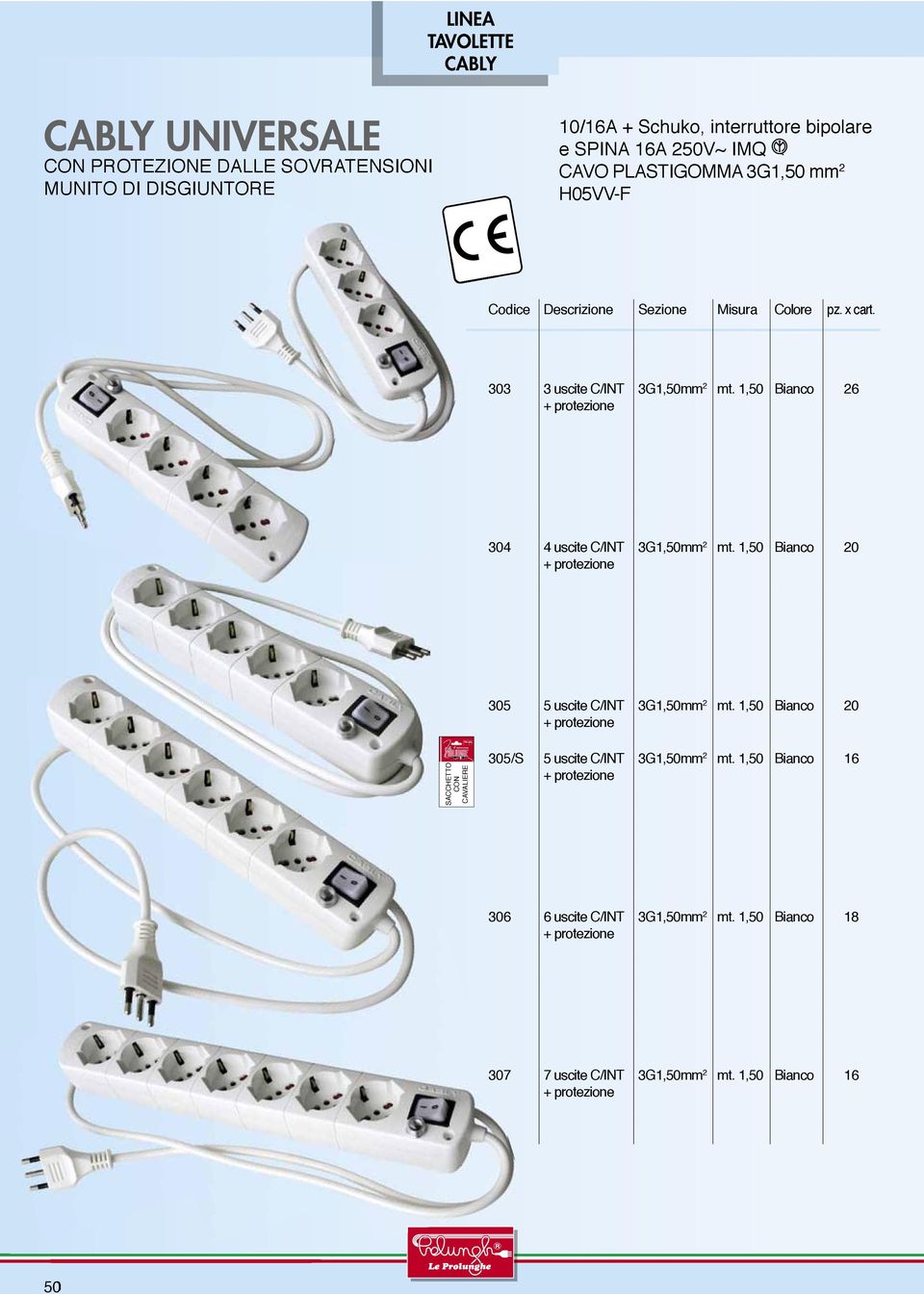 1,50 Bianco 26 304 4 uscite C/INT + protezione 3G1,50mm 2 mt.