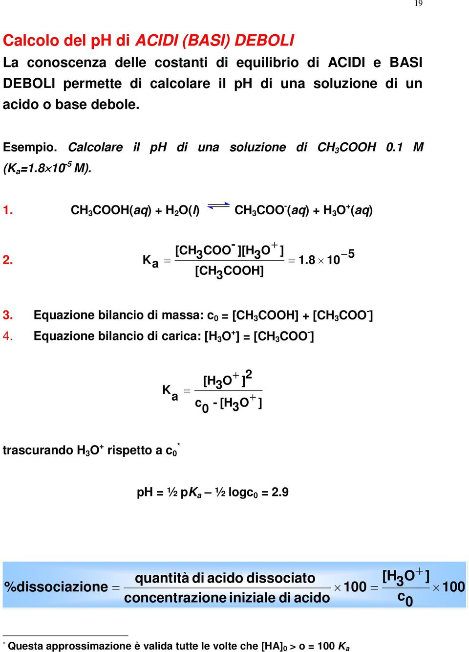 Equazione bilancio di carica: [H O ] [CH COO ] K a [H O ] c [H O ] 0 trascurando H O rispetto a c 0 * ph ½ pk a ½ logc 0.