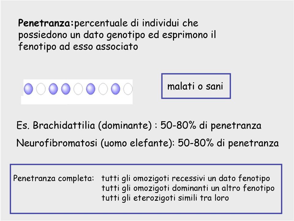 Brachidattilia (dominante) : 50-80% di penetranza Neurofibromatosi (uomo elefante): 50-80% di