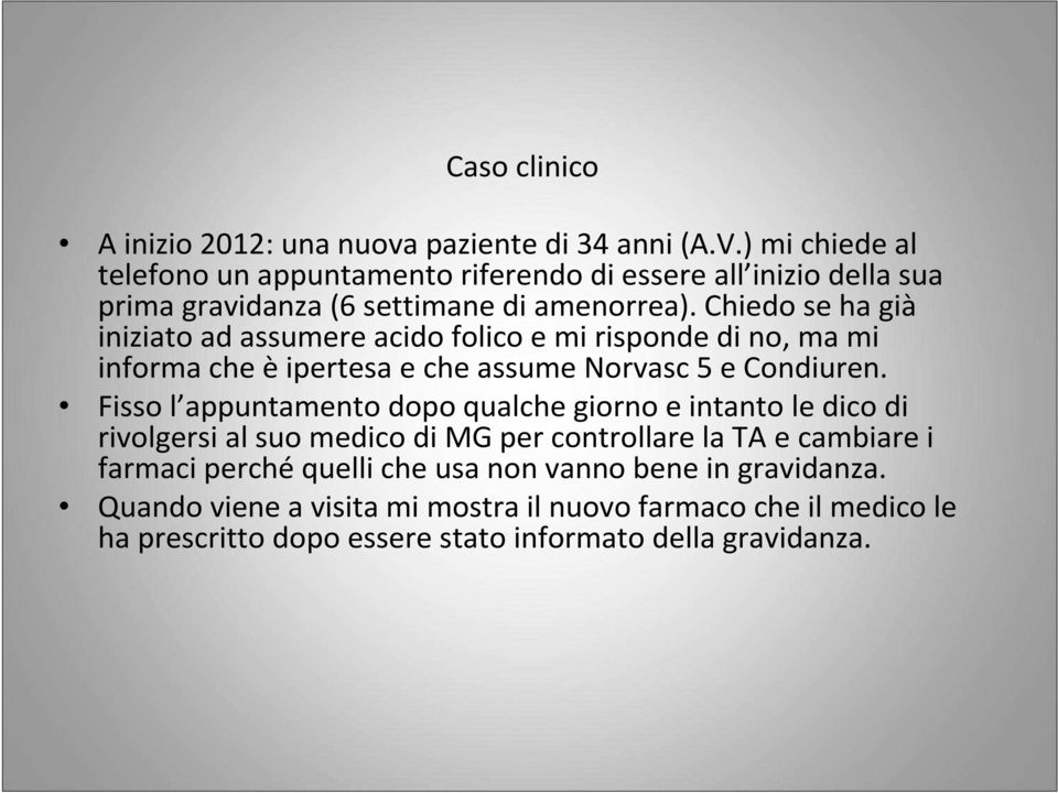 Chiedo se ha già iniziato ad assumere acido folico e mi risponde di no, ma mi informa che èipertesa e che assume Norvasc 5 e Condiuren.