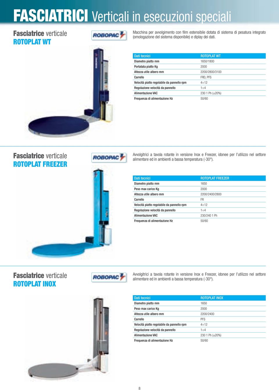 da pannello 1 4 Alimentazione VAC 230 1 Ph (±20%) Frequenza di alimentazione Hz 50/60 ROTOPLAT FREEZER Avvolgitrici a tavola rotante in versione Inox e Freezer, idonee per l utilizzo nel settore