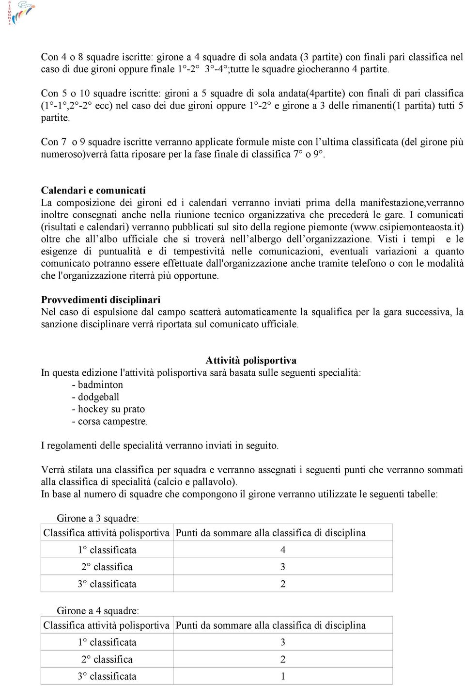 partite. Con 7 o 9 squadre iscritte verranno applicate formule miste con l ultima classificata (del girone più numeroso)verrà fatta riposare per la fase finale di classifica 7 o 9.