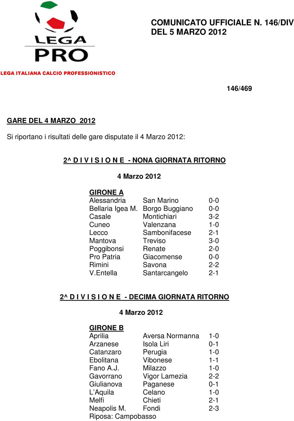 RITORNO 4 Marzo 2012 GIRONE A Alessandria San Marino 0-0 Bellaria Igea M.