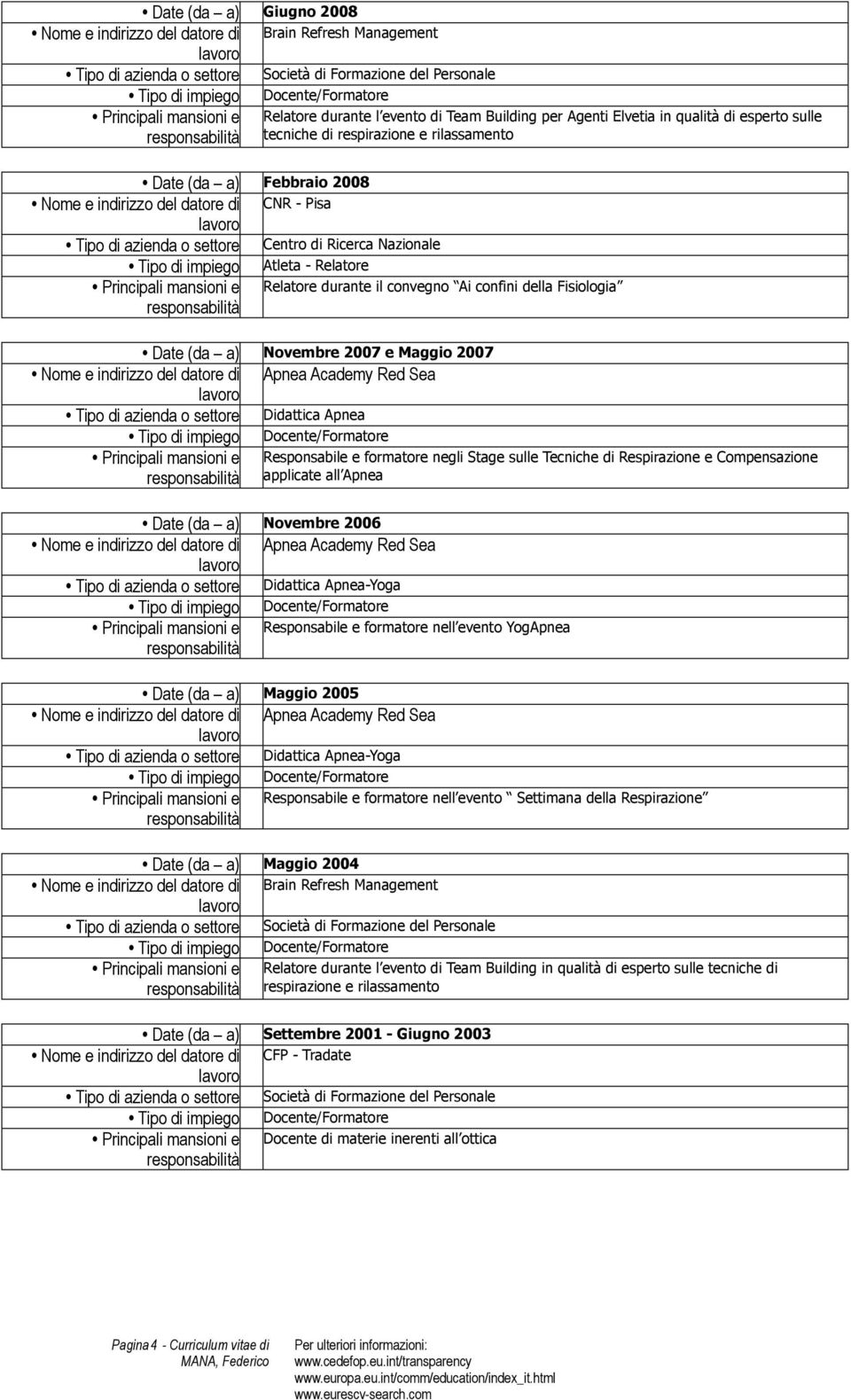 Didattica Apnea Responsabile e formatore negli Stage sulle Tecniche di Respirazione e Compensazione applicate all Apnea Novembre 2006 Apnea Academy Red Sea Didattica Apnea-Yoga Responsabile e