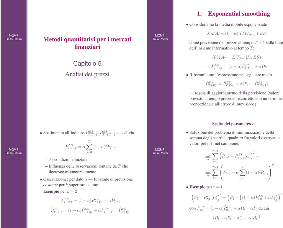 T T 1 ) regola di aggiornamento della previsione (valore previsto al tempo precedente corretto con un termine proporzionale all errore di previsione) Scelta del parametro α Sostituendo all indietro