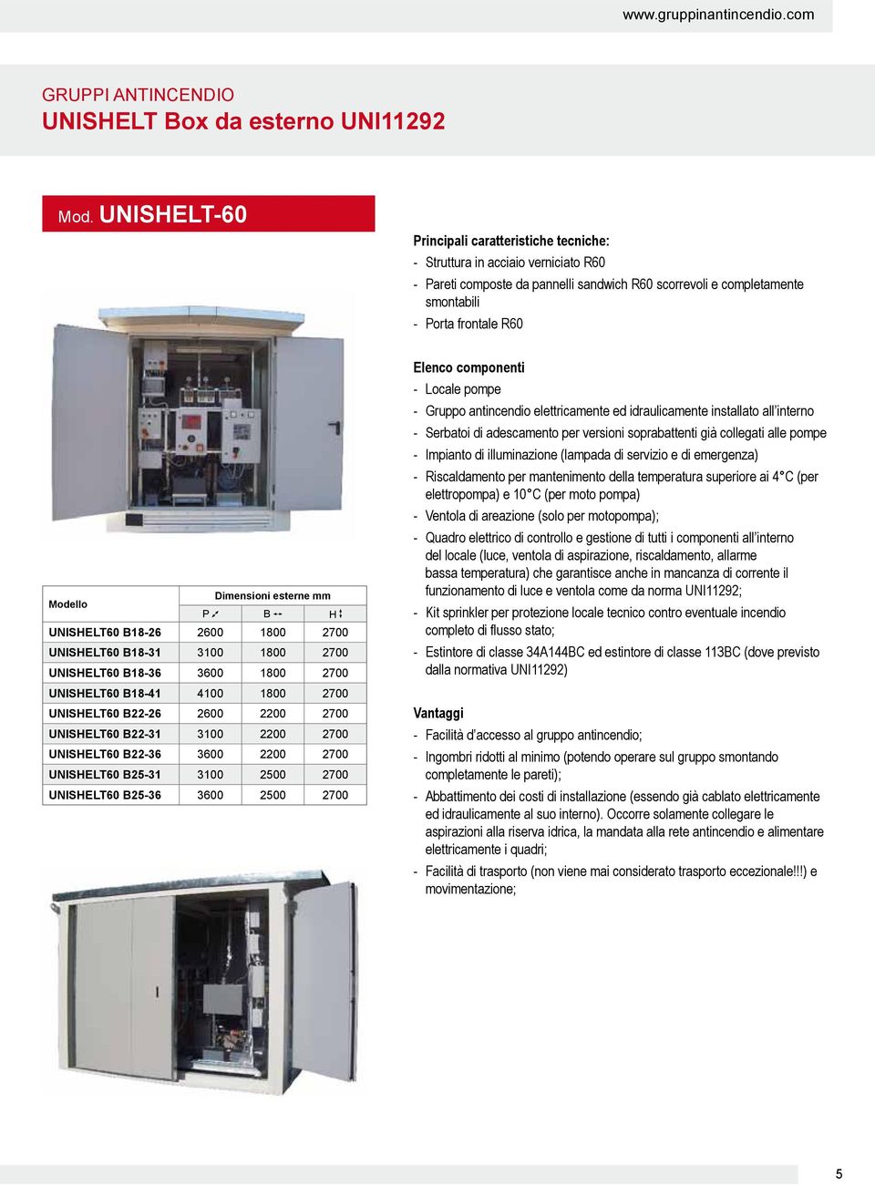 Dimensioni esterne mm P B H UNISHELT60 B18-26 2600 1800 2700 UNISHELT60 B18-31 3100 1800 2700 UNISHELT60 B18-36 3600 1800 2700 UNISHELT60 B18-41 4100 1800 2700 UNISHELT60 B22-26 2600 2200 2700
