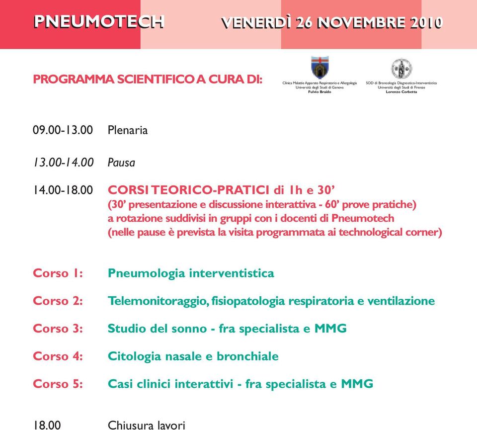 00 CORSI TEORICO-PRATICI di 1h e 30 (30 presentazione e discussione interattiva - 60 prove pratiche) a rotazione suddivisi in gruppi con i docenti di Pneumotech (nelle pause è prevista la visita