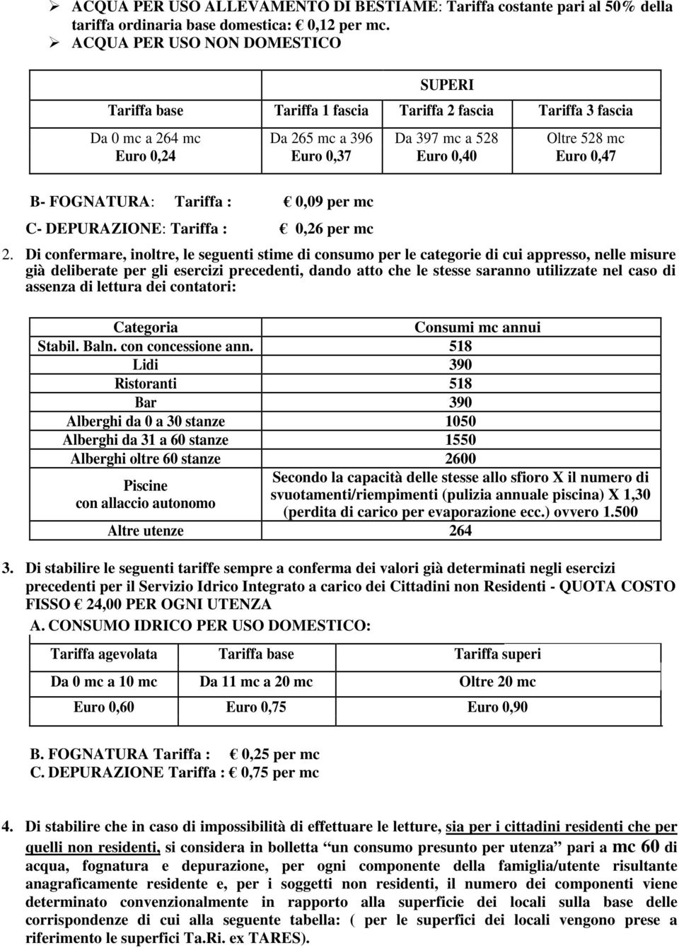 0,47 B- FOGNATURA: Tariffa : 0,09 per mc C- DEPURAZIONE: Tariffa : 0,26 per mc 2.