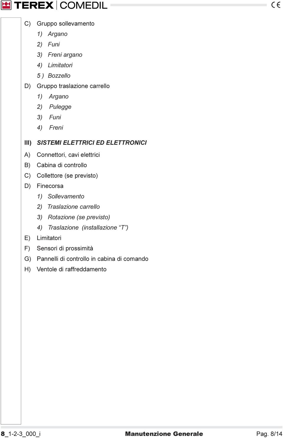 D) Finecorsa 1) Sollevamento 2) Traslazione carrello 3) Rotazione (se previsto) 4) Traslazione (installazione T ) E) Limitatori F)