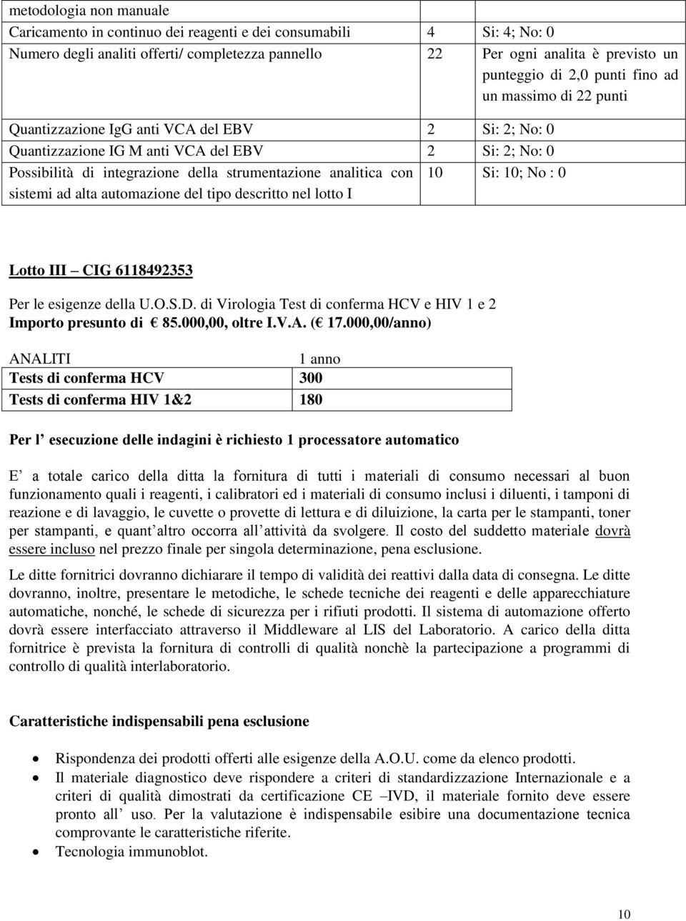 con sistemi ad alta automazione del tipo descritto nel lotto I 10 Si: 10; No : 0 Lotto III CIG 6118492353 Per le esigenze della U.O.S.D.