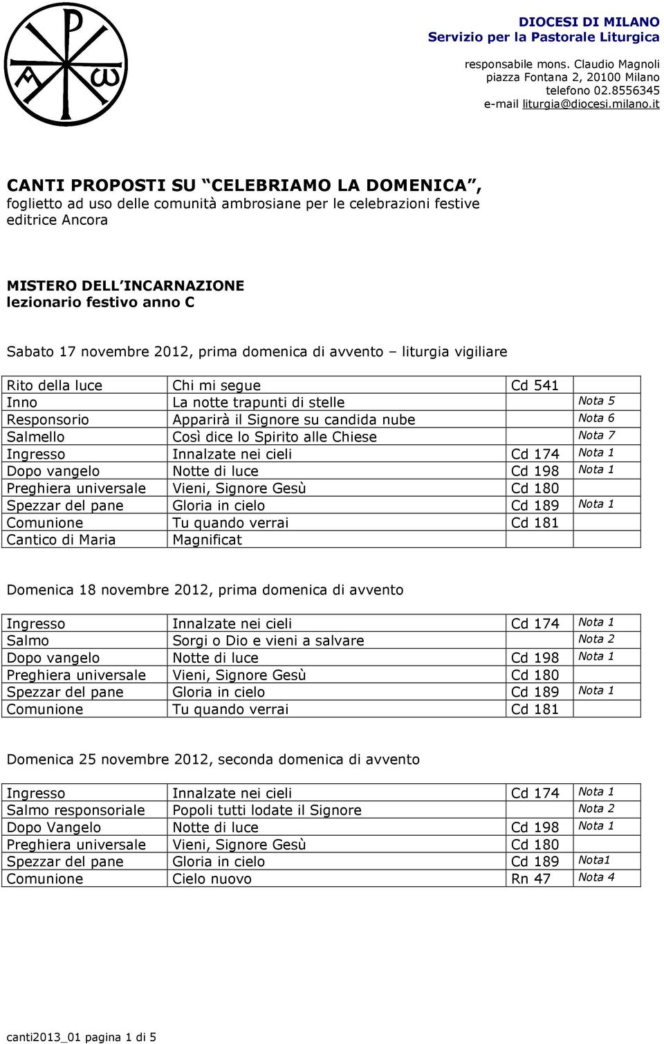 dice lo Spirito alle Chiese Nota 7 Dopo vangelo Notte di luce Cd 198 Nota 1 Cantico di Maria Magnificat Domenica 18 novembre 2012, prima domenica di avvento Salmo Sorgi o Dio e vieni a salvare Nota 2