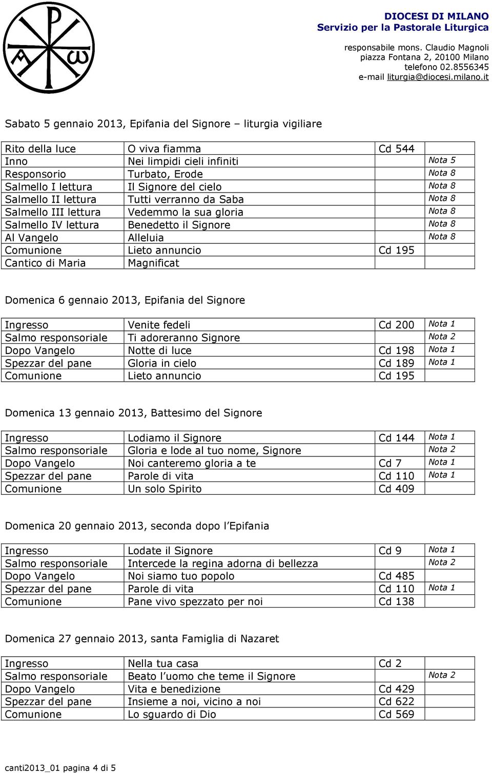 Cantico di Maria Magnificat Domenica 6 gennaio 2013, Epifania del Signore Ingresso Venite fedeli Cd 200 Nota 1 Salmo responsoriale Ti adoreranno Signore Nota 2 Domenica 13 gennaio 2013, Battesimo del