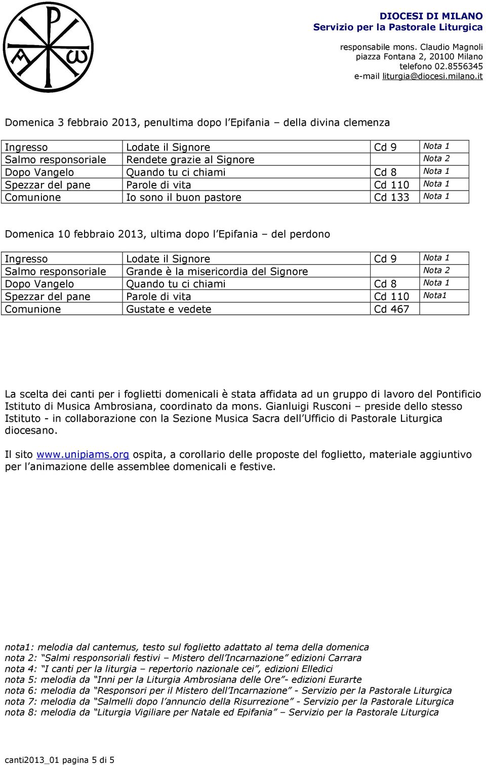 Spezzar del pane Parole di vita Cd 110 Nota1 Comunione Gustate e vedete Cd 467 La scelta dei canti per i foglietti domenicali è stata affidata ad un gruppo di lavoro del Pontificio Istituto di Musica