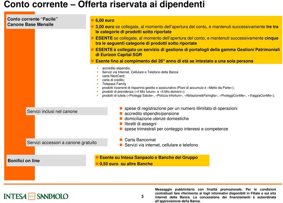 collegato un servizio di gestione di portafogli della gamma Gestioni Patrimoniali di Eurizon Capital SGR Esente fino al compimento del 26 anno di età se intestato a una sola persona accredito