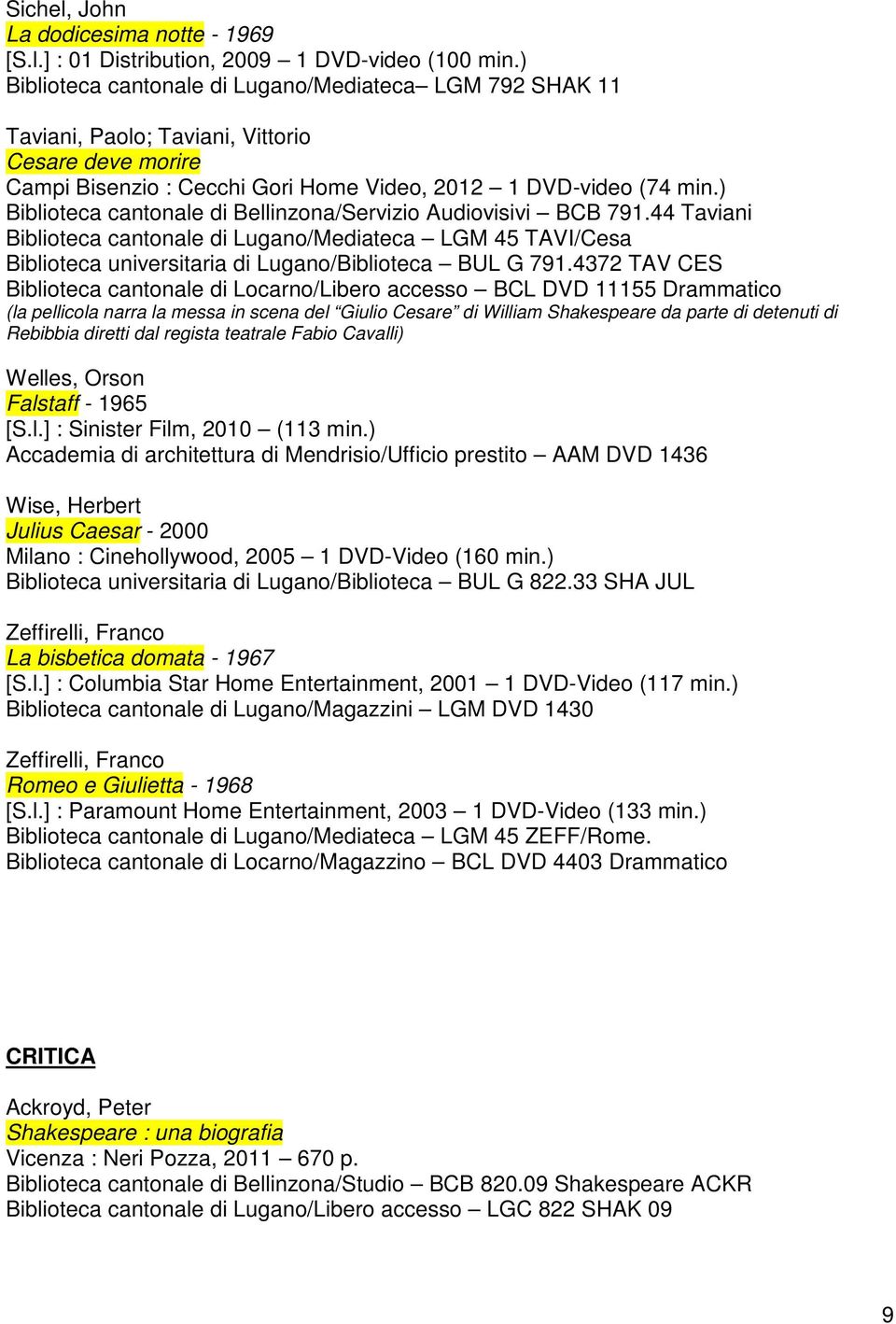 ) Biblioteca cantonale di Bellinzona/Servizio Audiovisivi BCB 791.44 Taviani Biblioteca cantonale di Lugano/Mediateca LGM 45 TAVI/Cesa Biblioteca universitaria di Lugano/Biblioteca BUL G 791.