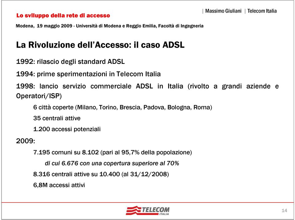 Torino, Brescia, Padova, Bologna, Roma) 35 centrali attive 1.200 accessi potenziali 7.195 comuni su 8.
