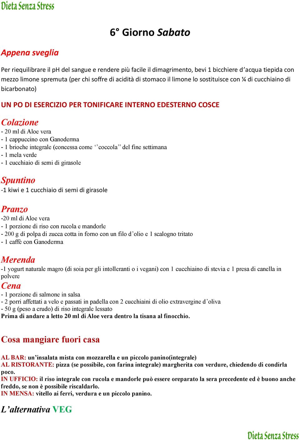 integrale (concessa come coccola del fine settimana - 1 mela verde - 1 cucchiaio di semi di girasole Spuntino -1 kiwi e 1 cucchiaio di semi di girasole Pranzo -20 ml di Aloe vera - 1 porzione di riso