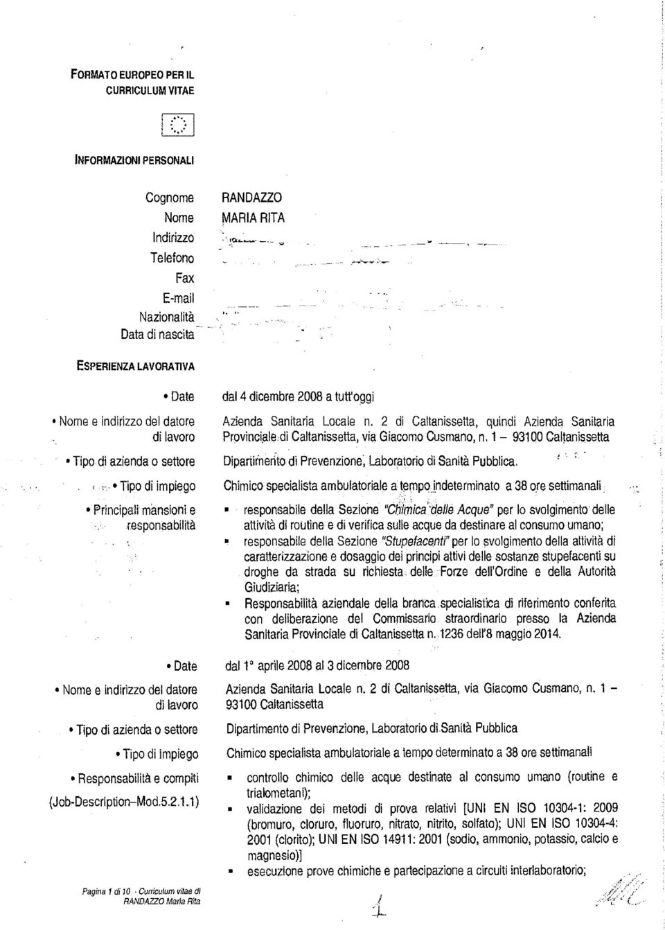 dal 4 dicembre 2008 a tuttoggi Azienda Sanitaria Locale n. 2 di Caltanissetta, quindi Azienda Sanitaria Provinciale di Caltanissetta, via Giacomo Cusmano, n.
