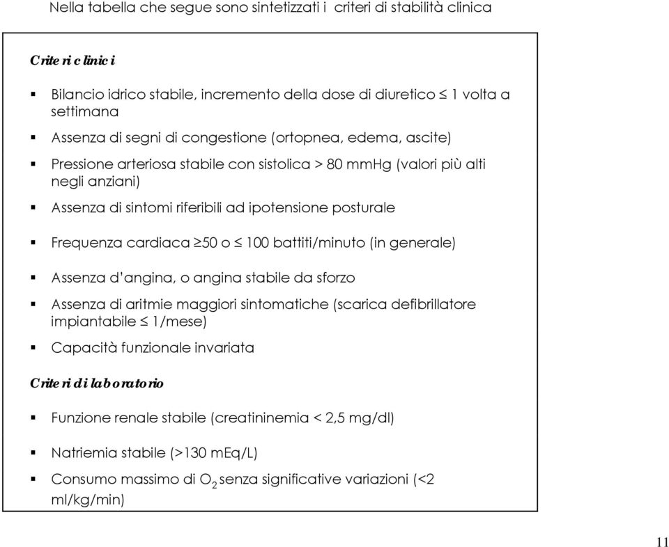 cardiaca 50 o 100 battiti/minuto (in generale) Assenza d angina, o angina stabile da sforzo Assenza di aritmie maggiori sintomatiche (scarica defibrillatore impiantabile 1/mese) Capacità