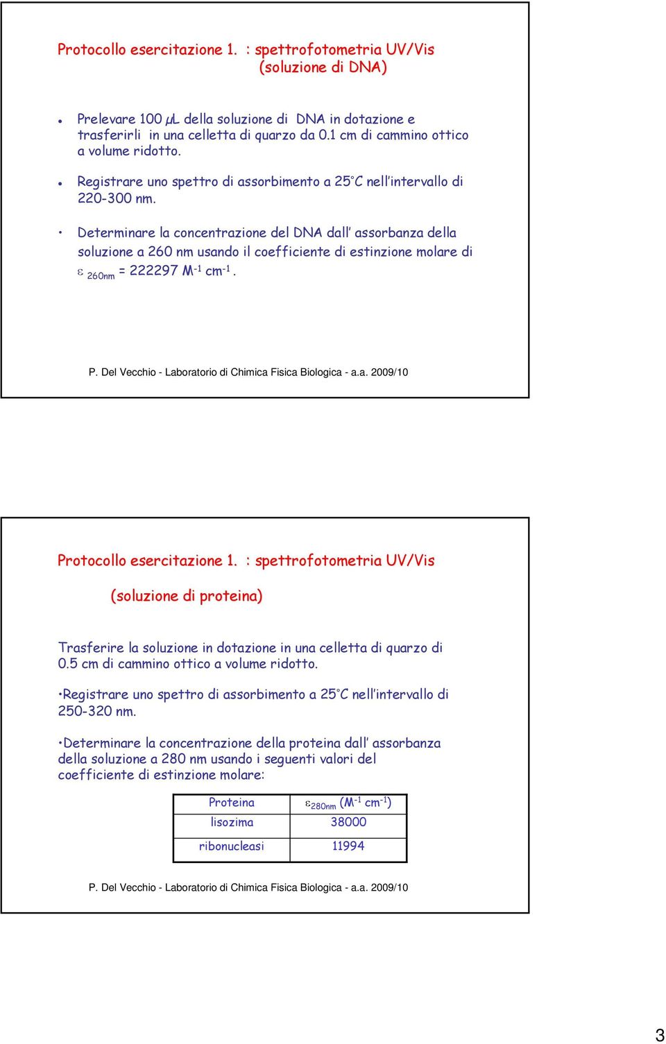 Determinare la concentrazione del DNA dall assorbanza della soluzione a 260 nm usando il coefficiente di estinzione molare di ε 260nm = 222297 M -1 cm -1. Protocollo esercitazione 1.