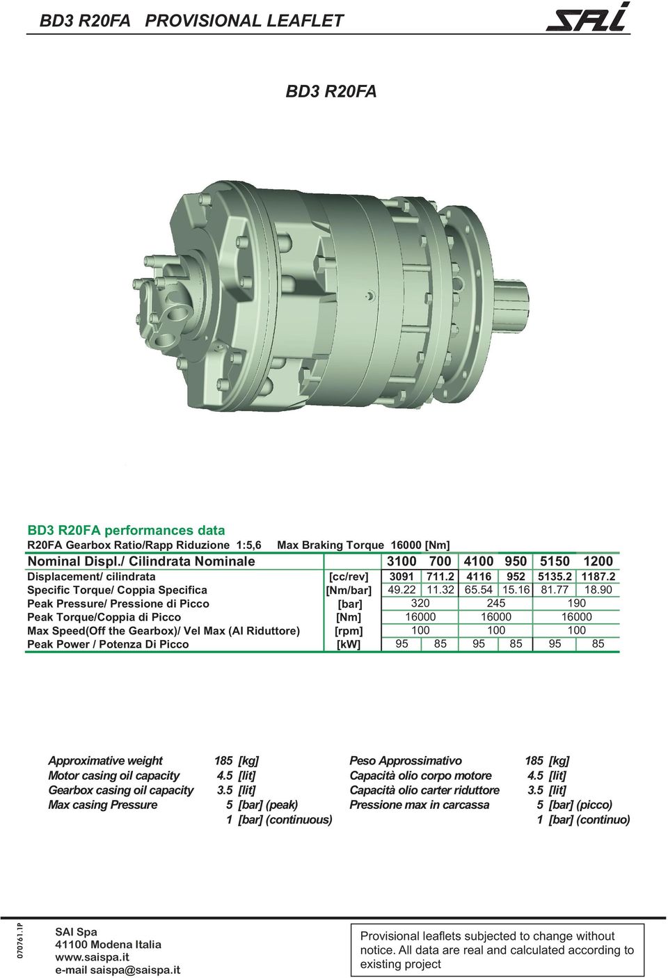 Power / Potenza Di Picco 070761.1P Approximative weight Motor casing oil capacity Gearbox casing oil capacity Max casing Pressure 41100 Modena Italia 185 4.5 3.