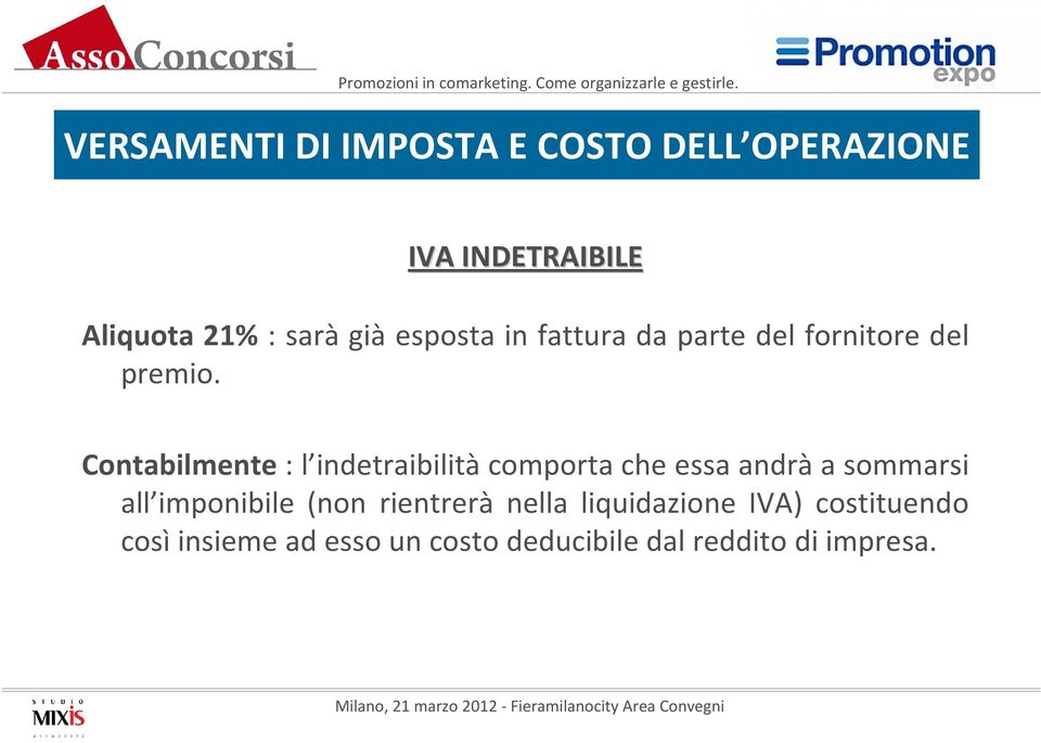 Contabilmente : l indetraibilità comporta che essa andrà a sommarsi all imponibile