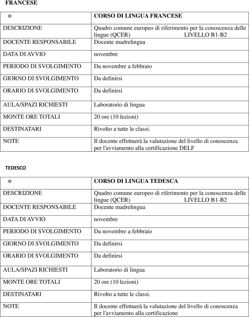 Il docente effettuerà la valutazione del livello di conoscenza per l'avviamento alla certificazione DELF