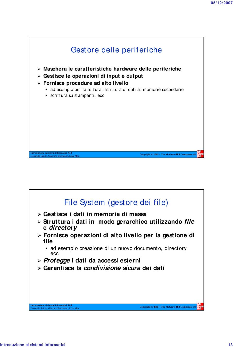 memoria di massa Struttura i dati in modo gerarchico utilizzando file e directory Fornisce operazioni di alto livello per la gestione di file ad esempio