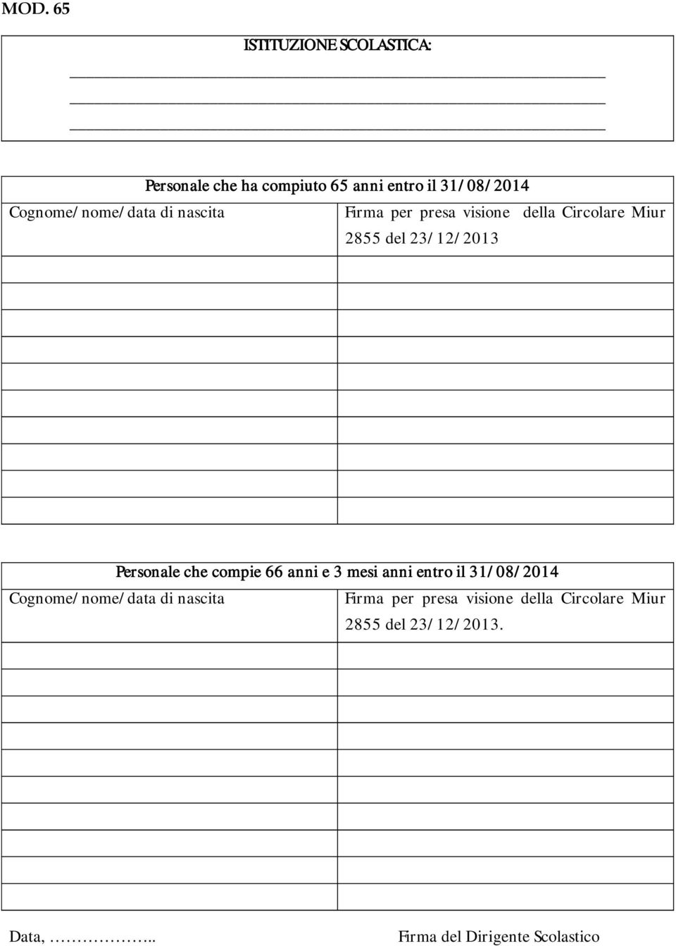 Personale che compie 66 anni e 3 mesi anni entro il 31/ 08/ 2014 . Data,.