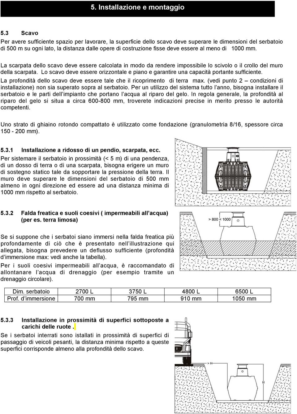 al meno di 1000 mm. La scarpata dello scavo deve essere calcolata in modo da rendere impossibile lo scivolo o il crollo del muro della scarpata.