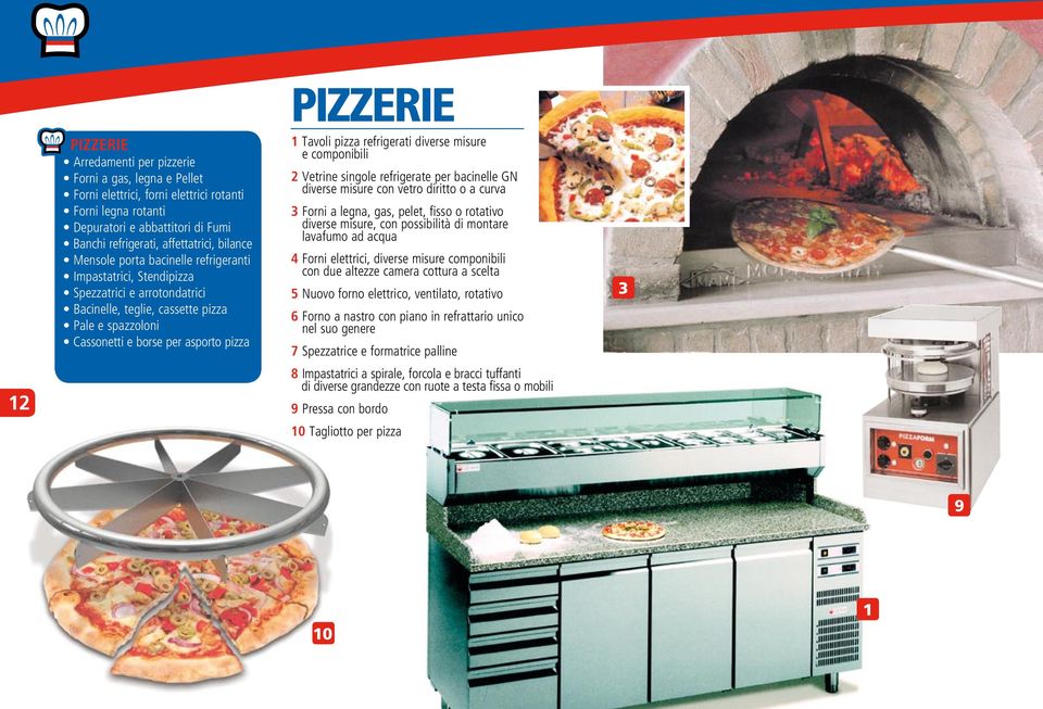 Tavoli pizza refrigerati diverse misure e componibili 2 Vetrine singole refrigerate per bacinelle GN diverse misure con vetro diritto o a curva 3 Forni a legna, gas, pelet, fisso o rotativo diverse