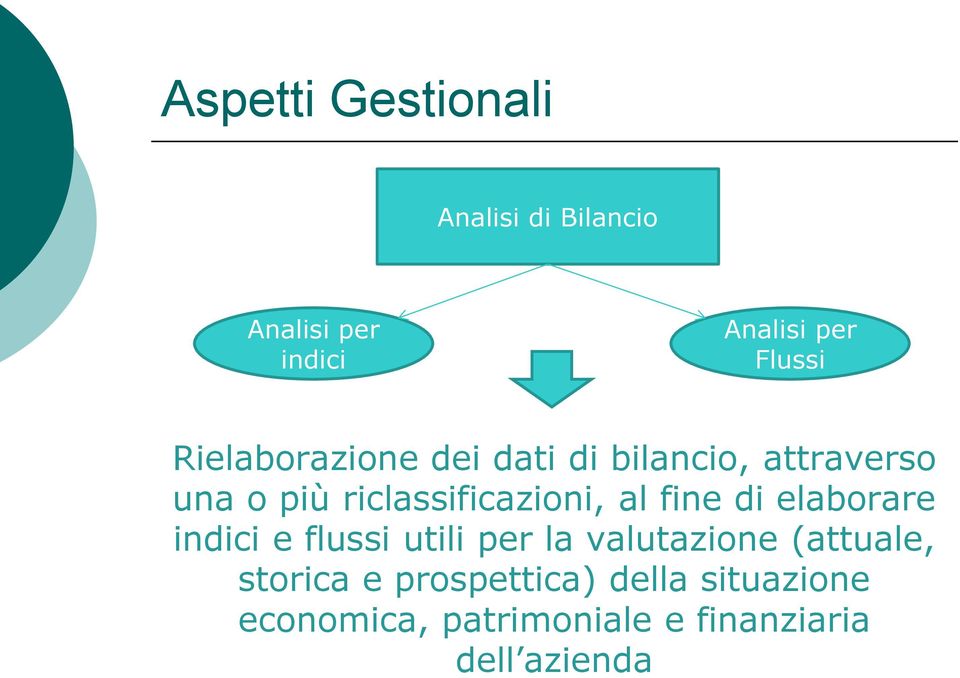 al fine di elaborare indici e flussi utili per la valutazione (attuale,