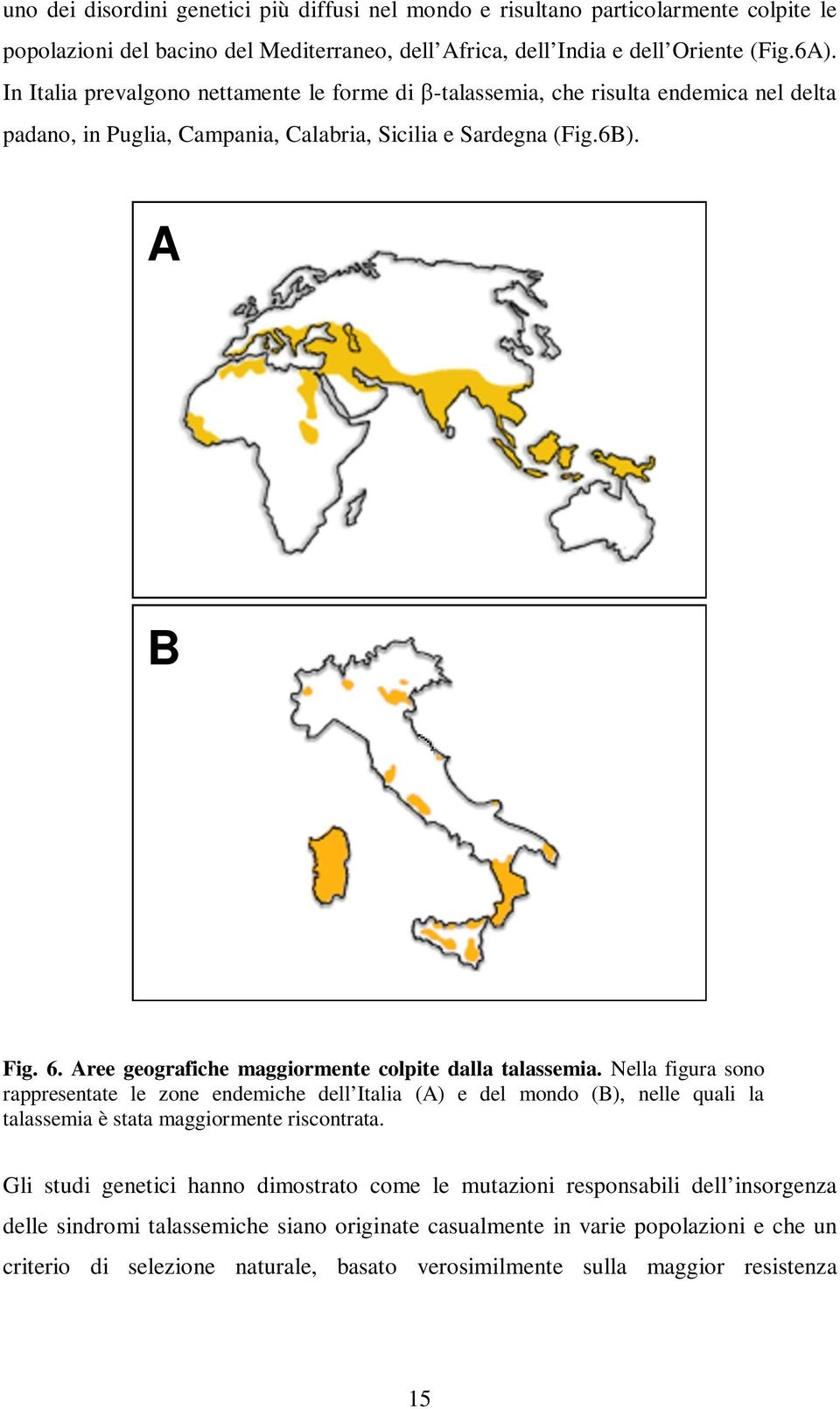 Aree geografiche maggiormente colpite dalla talassemia. Nella figura sono rappresentate le zone endemiche dell Italia (A) e del mondo (B), nelle quali la talassemia è stata maggiormente riscontrata.
