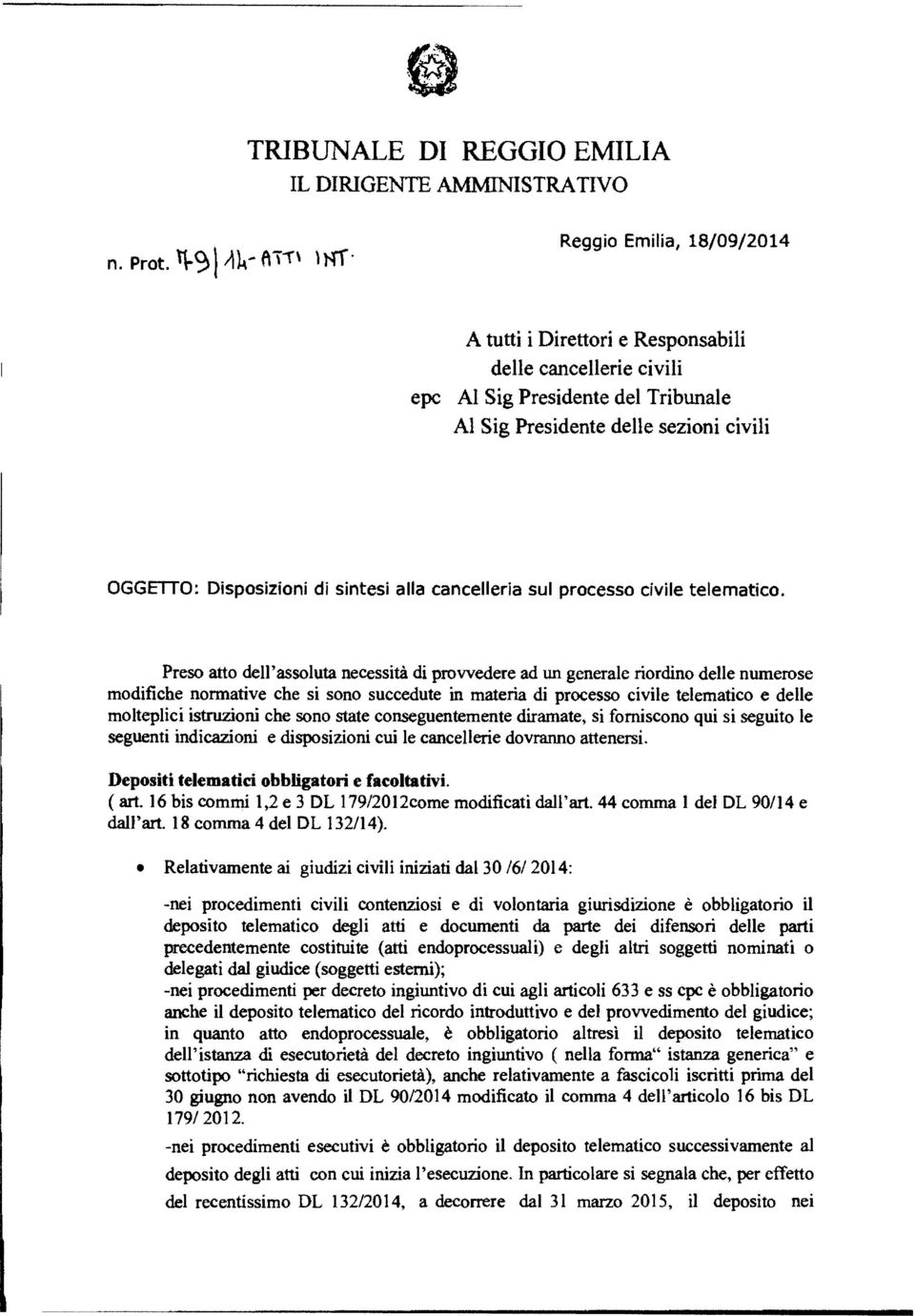 di sintesi alla cancelleria sul processo civile telematico.