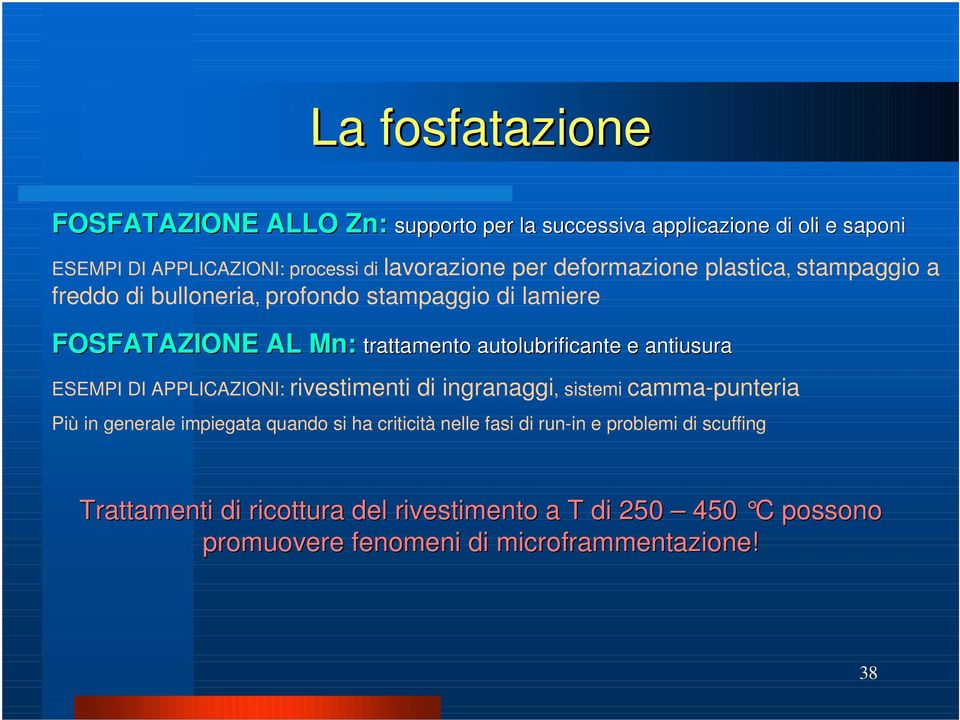 antiusura ESEMPI DI APPLICAZIONI: rivestimenti di ingranaggi, sistemi camma-punteria Più in generale impiegata quando si ha criticità nelle fasi