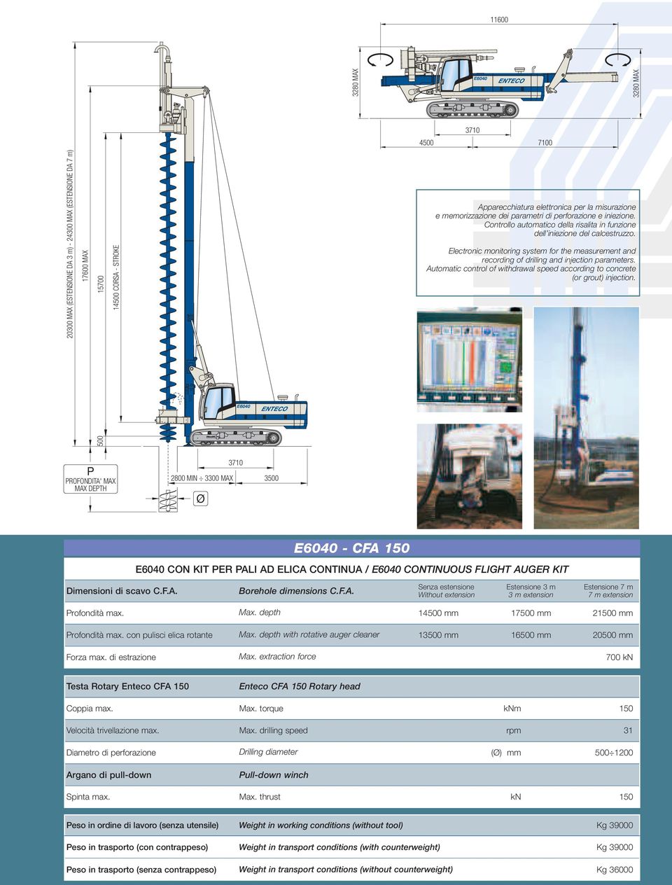 Electronic monitoring system for the measurement and recording of drilling and injection parameters. Automatic control of withdrawal speed according to concrete (or grout) injection.