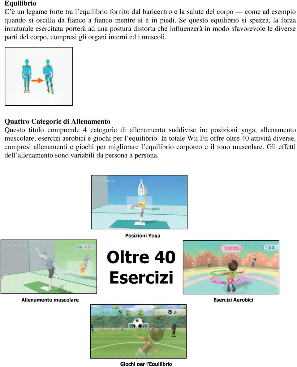 Quattro Categorie di Allenamento Questo titolo comprende 4 categorie di allenamento suddivise in: posizioni yoga, allenamento muscolare, esercizi aerobici e giochi per l equilibrio.