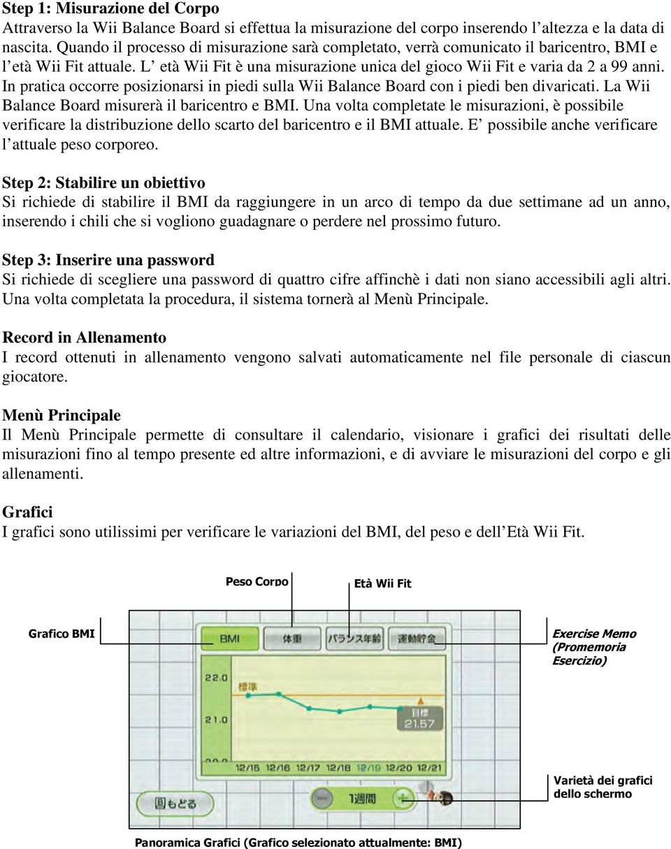 In pratica occorre posizionarsi in piedi sulla Wii Balance Board con i piedi ben divaricati. La Wii Balance Board misurerà il baricentro e BMI.