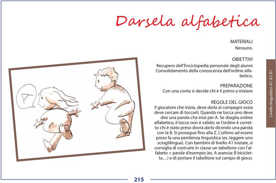 Se sbaglia ordine alfabetico, il tocco non è valido; se l ordine è corretto chi è stato preso dovrà darla dicendo una parola con la B. Si prosegue fino alla Z.