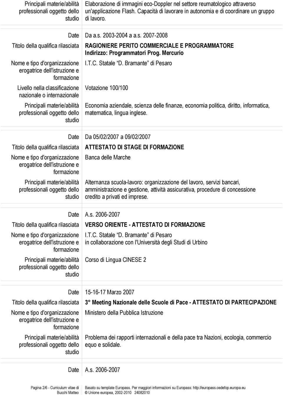 Date Da 05/02/2007 a 09/02/2007 DI STAGE DI FORMAZIONE Banca delle Marche Alternanza scuola-lavoro: organizzazione del lavoro, servizi bancari, amministrazione e gestione, attività assicurativa,