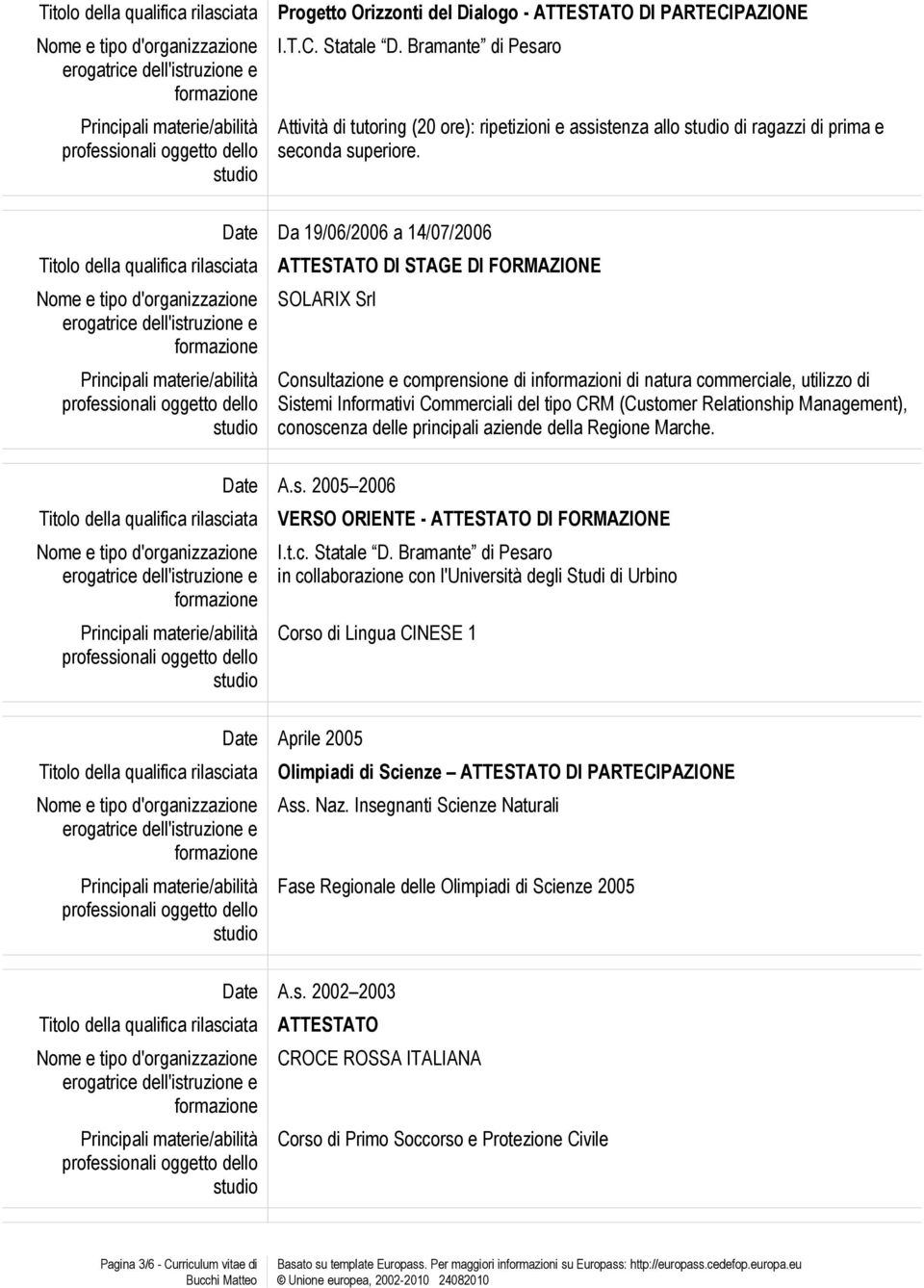 (Customer Relationship Management), conoscenza delle principali aziende della Regione Marche. Date A.s. 2005 2006 VERSO ORIENTE - DI FORMAZIONE I.t.c. Statale D.