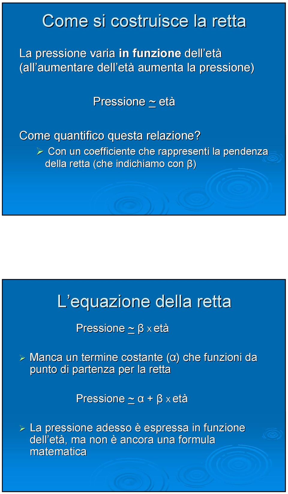 Con un coefficiente che rappresenti la pendenza della retta (che indichiamo con β) L equazione della retta Pressione ~ β X