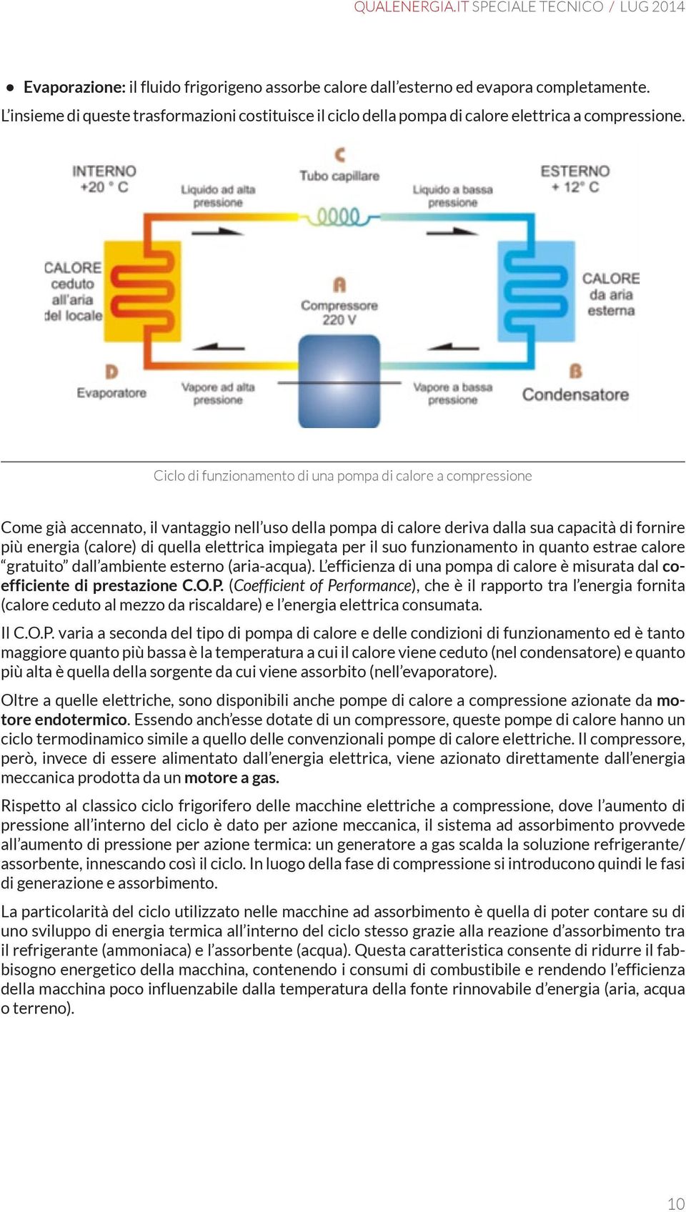 Ciclo di funzionamento di una pompa di calore a compressione Come già accennato, il vantaggio nell uso della pompa di calore deriva dalla sua capacità di fornire più energia (calore) di quella