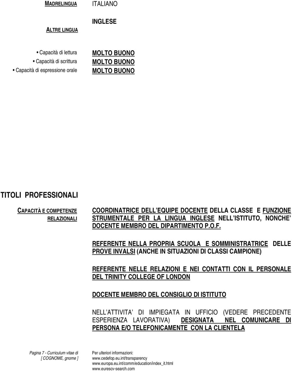 NZIONE STRUMENTALE PER LA LINGUA INGLESE NELL ISTITUTO, NONCHE DOCENTE MEMBRO DEL DIPARTIMENTO P.O.F.