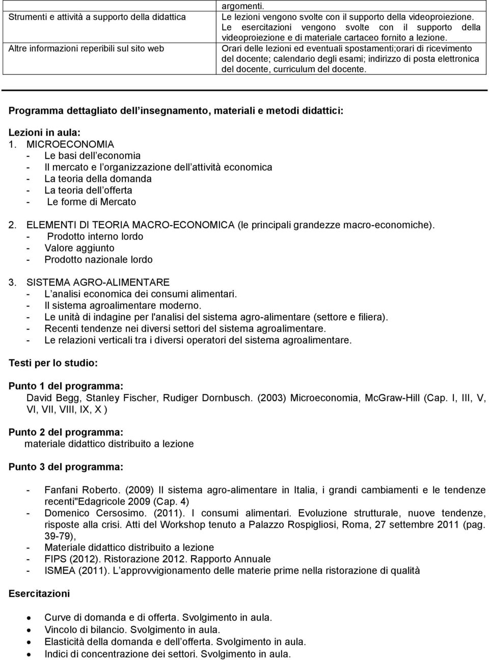 Orari delle lezioni ed eventuali spostamenti;orari di ricevimento del docente; calendario degli esami; indirizzo di posta elettronica del docente, curriculum del docente.