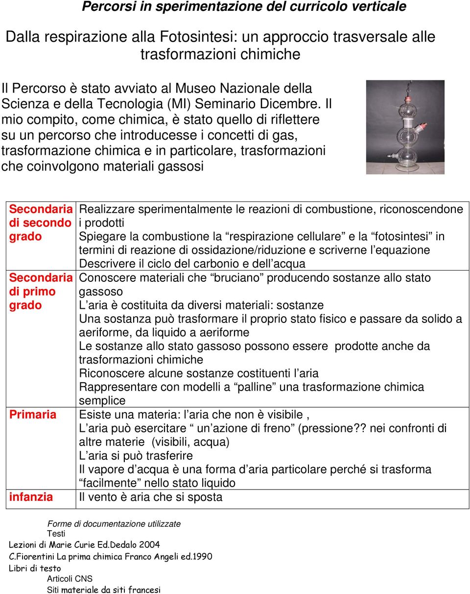 Il mio compito, come chimica, è stato quello di riflettere su un percorso che introducesse i concetti di gas, trasformazione chimica e in particolare, trasformazioni che coinvolgono materiali gassosi