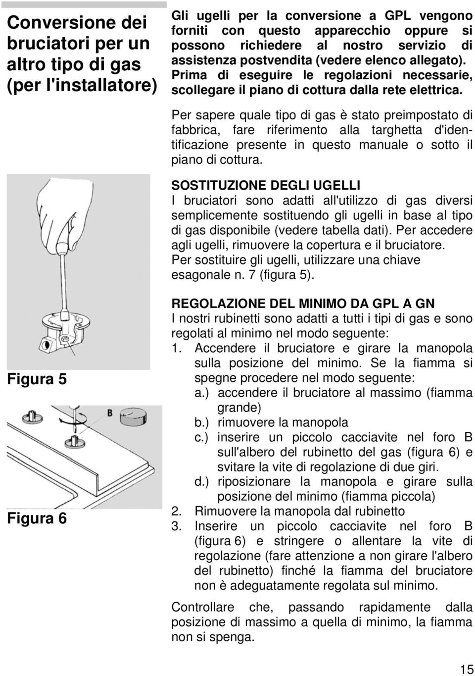 Per sapere quale tipo di gas è stato preimpostato di fabbrica, fare riferimento alla targhetta d'identificazione presente in questo manuale o sotto il piano di cottura.