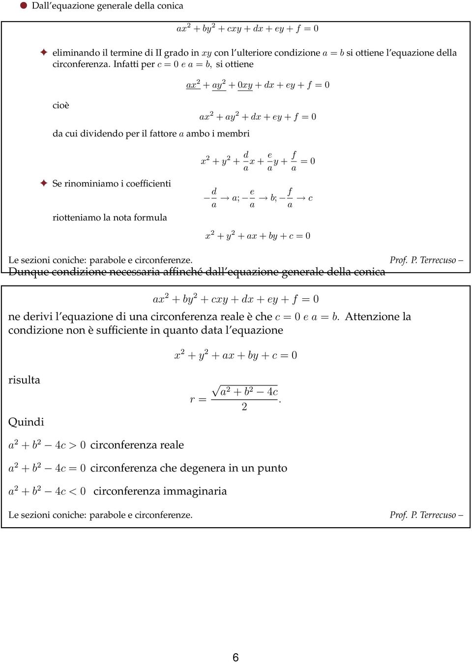 rinominiamo i coefficienti d a a; e a b; f a c riotteniamo la nota formula x 2 + y 2 + ax + by + c = 0 Dunque condizione necessaria affinché dall equazione generale della conica ax 2 + by 2 + cxy +