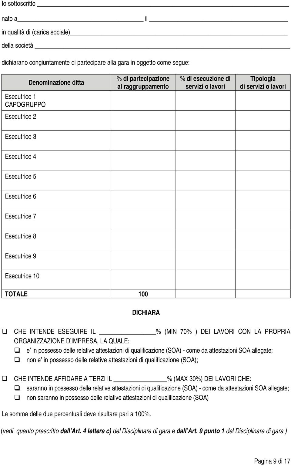 70% ) DEI LAVORI CON LA PROPRIA ORGANIZZAZIONE D IMPRESA, LA QUALE: e in possesso delle relative attestazioni di qualificazione (SOA) - come da attestazioni SOA allegate; non e in possesso delle