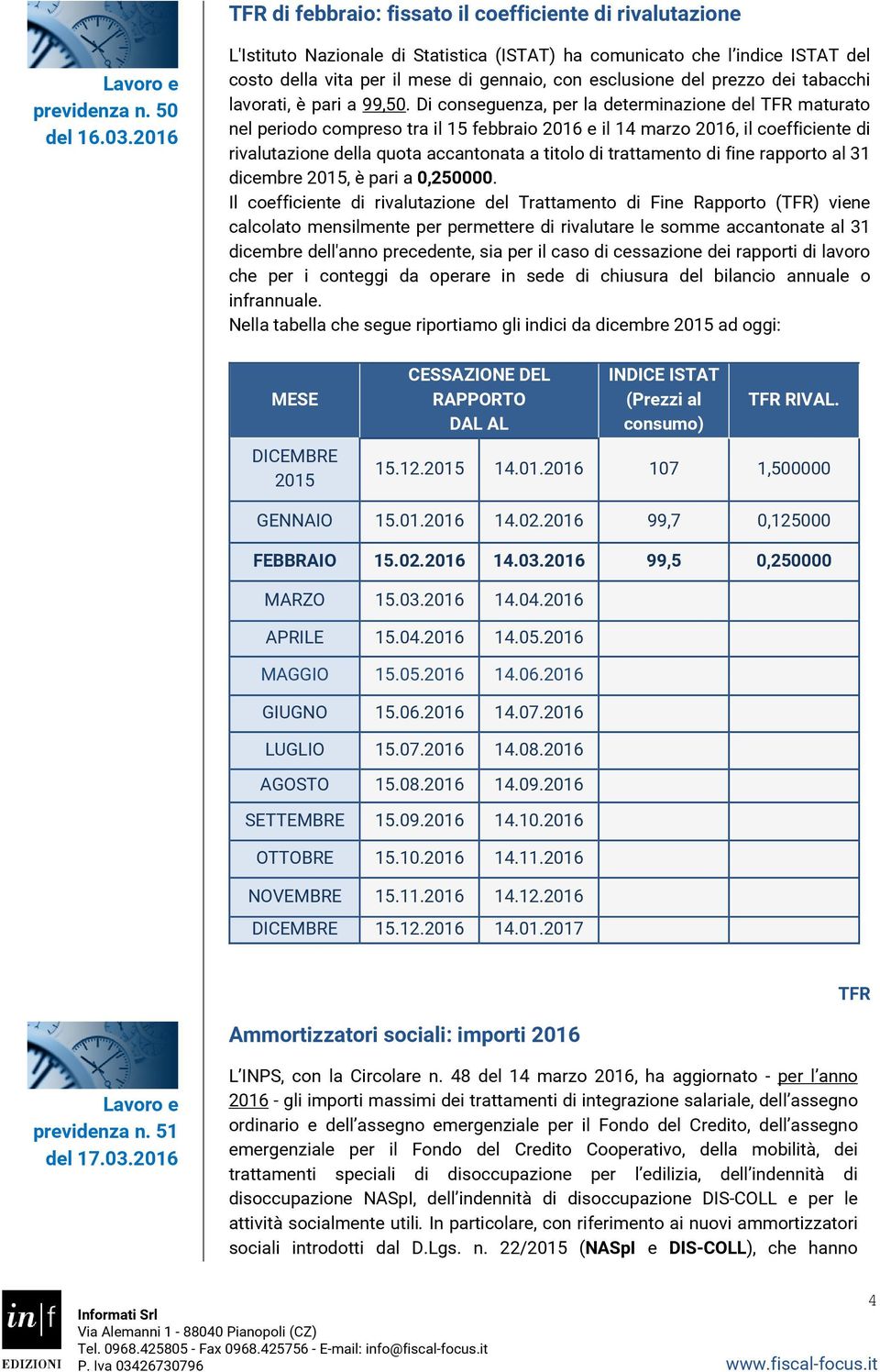 Di conseguenza, per la determinazione del TFR maturato nel periodo compreso tra il 15 febbraio 2016 e il 14 marzo 2016, il coefficiente di rivalutazione della quota accantonata a titolo di